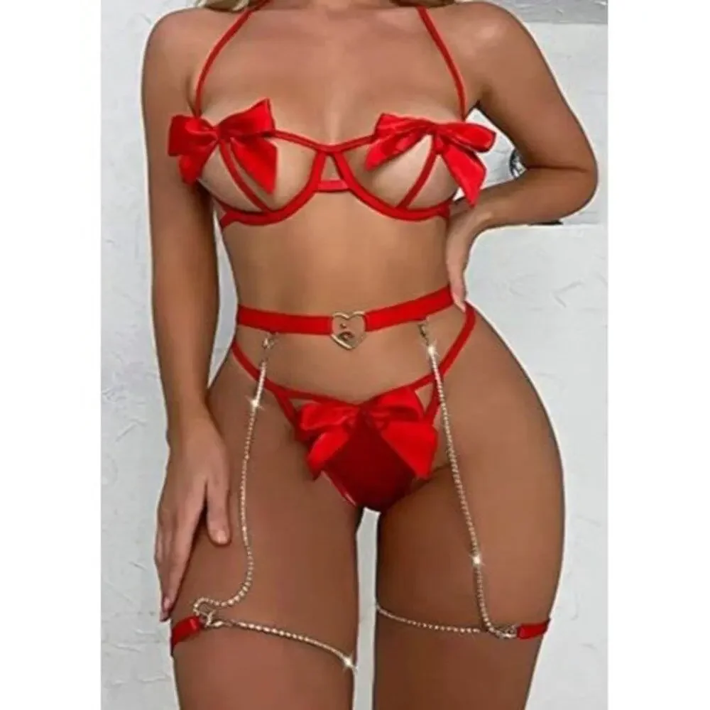 Womens Red Hot Sexy Lingerie Naughty Play Set 3 Pcs Sleepwear Lace Medium
